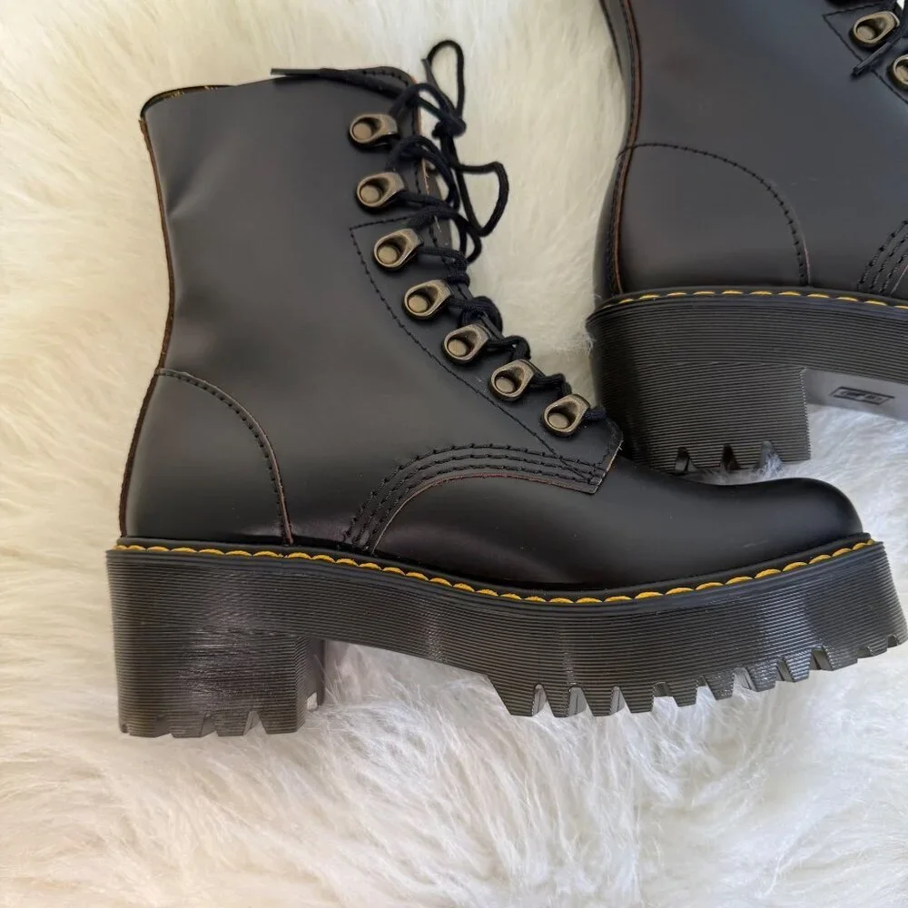 Dr. Martens Leona Platform Ankle Boots Size 6 Black Smooth Leather Heeled Boots